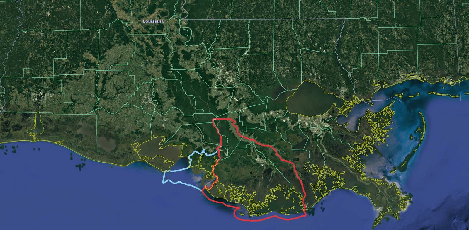 Google Earth image of the Gulf Coast with a blue outline around the Atchafalaya Basin to the west and a red outline around the Terrebonne Basin to the east