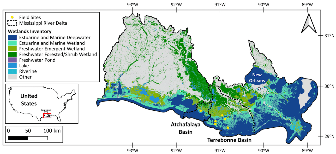 An overview of the study site. A map of wetland classifications over the Atchafalaya and Terrebonne basins