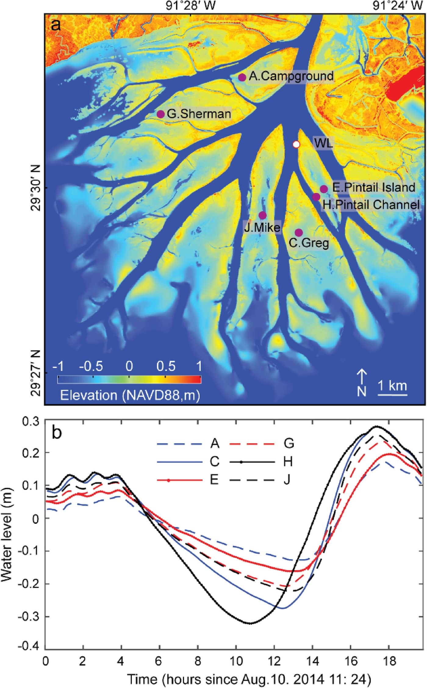 A map of water level measurements over the Wax Lake Delta, including locations of field sites where tidal gauges were located in 2014