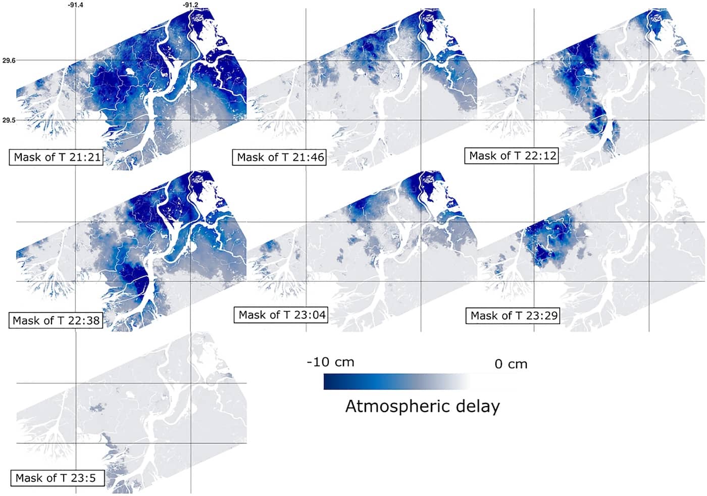 Figure of 7 tropospheric delay maps generated through the proposed approach over the Wax Lake and Atchafalaya deltas at different times