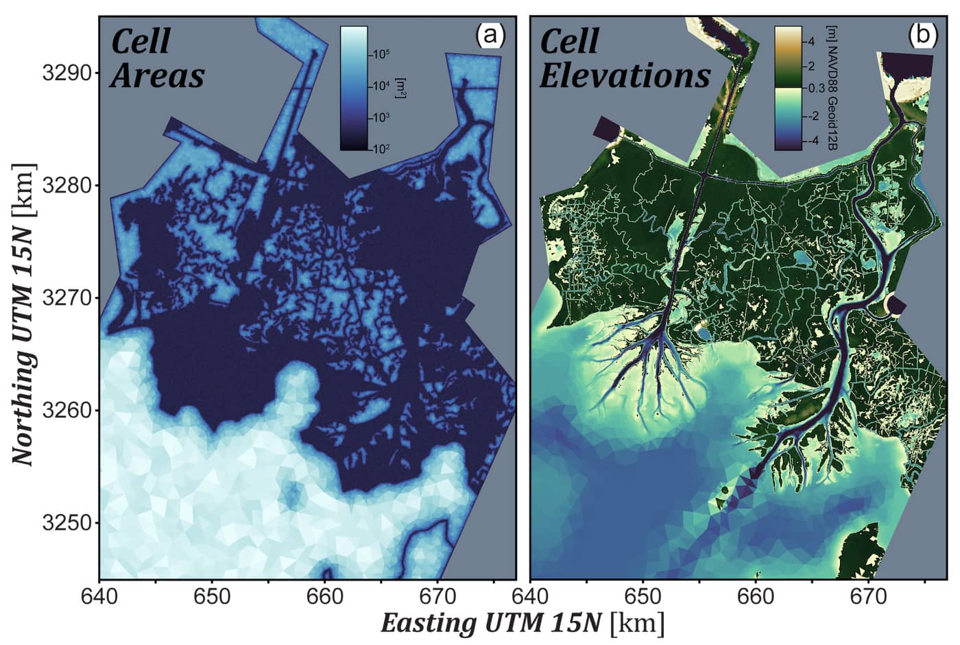 Figure showing three maps with tidal propagation times over the Wax Lake Delta