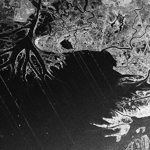 A black and white UAVSAR map image over the Atchafalaya delta