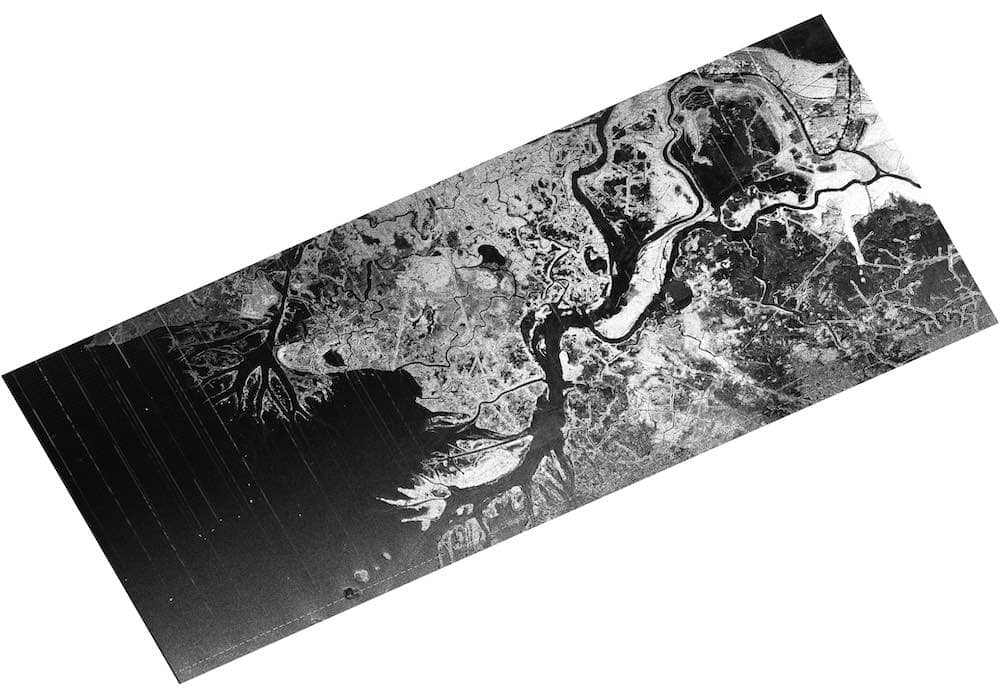 A black and white UAVSAR map image over the delta