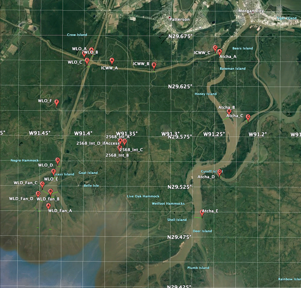 A map of the Atchafalaya Basin with ADCP transect collections marked in large water channels