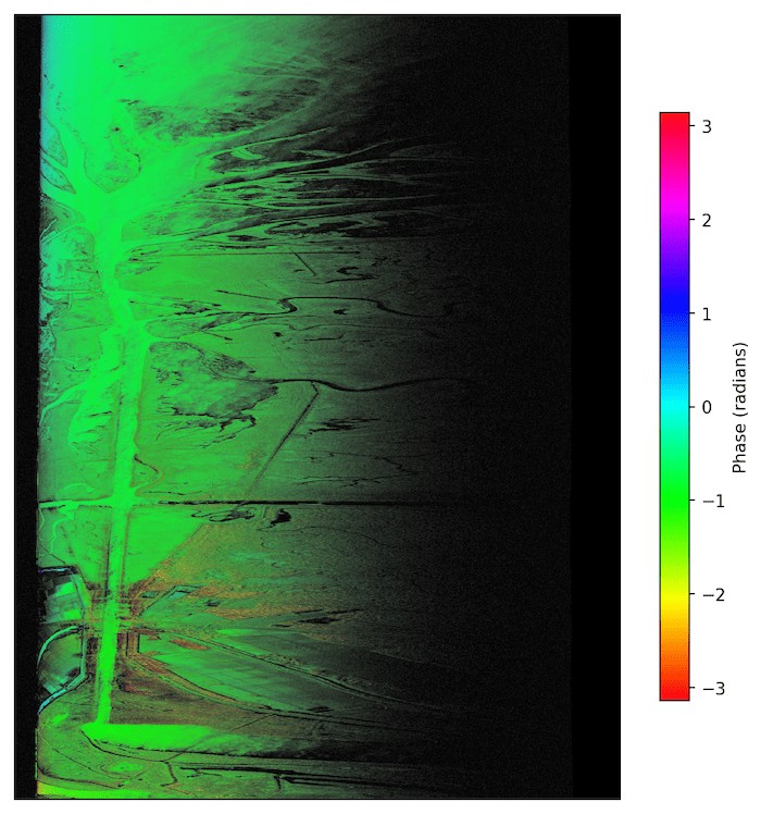 Green AirSWOT radar image with a phase scale