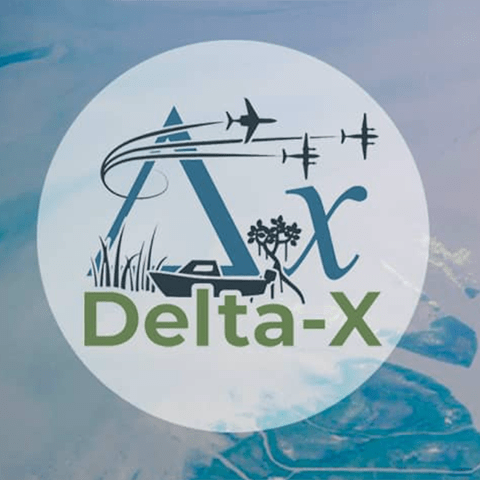 Delta-X logo of three airplanes and a boat over the wetland