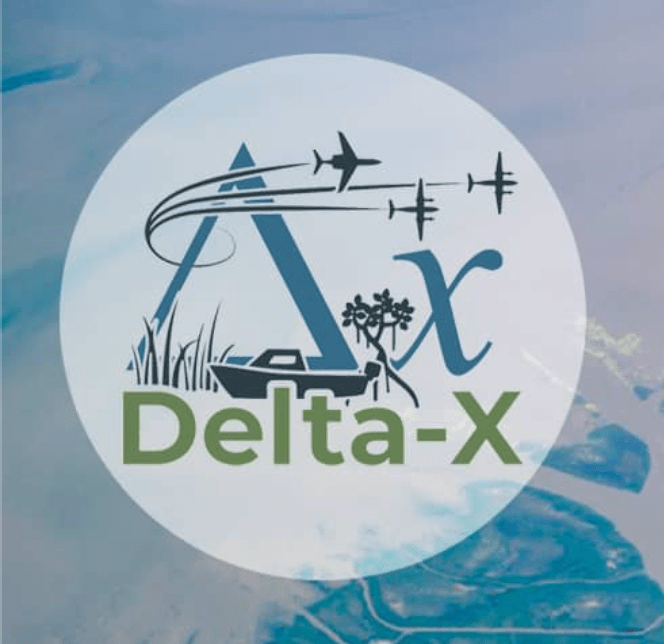 Delta-X logo of three airplanes and a boat over the wetland