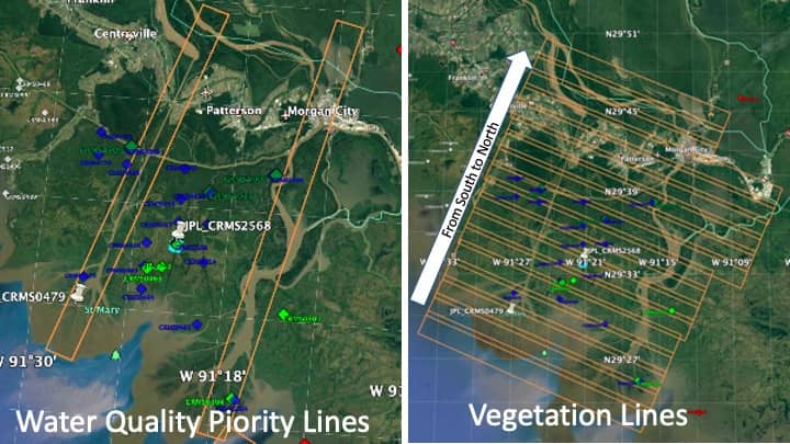 Map of two water quality lines on the left and over a dozen parallel vegetation lines on the right