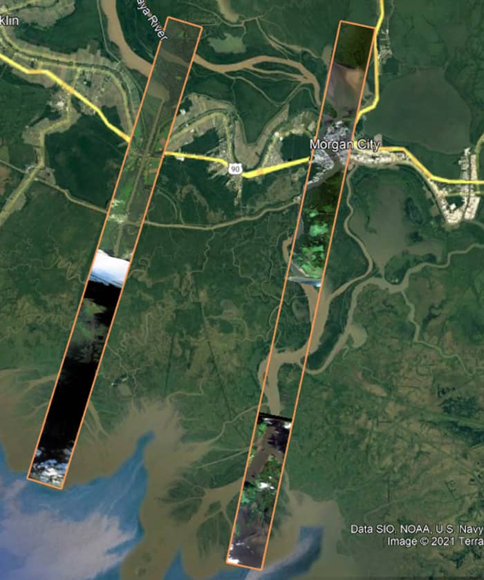 Two vertical swath images overlaid on Google Earth