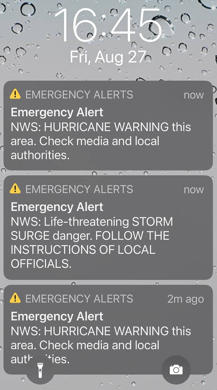 Phone screenshot of hurricane warning emergency alerts
