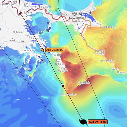 Storm tracker map of Ida moving toward the Louisiana coast