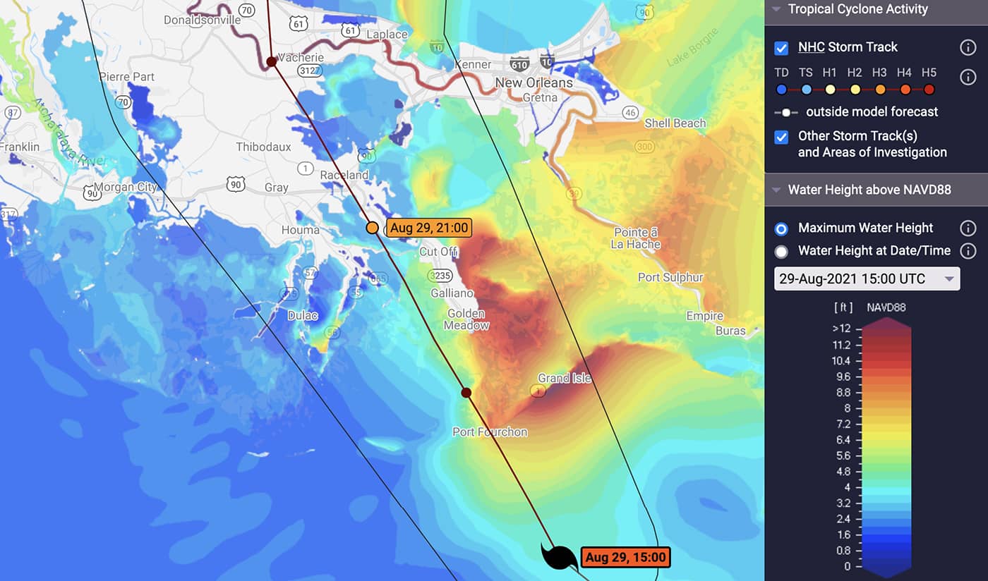Storm tracker map of Ida moving toward the Louisiana coast