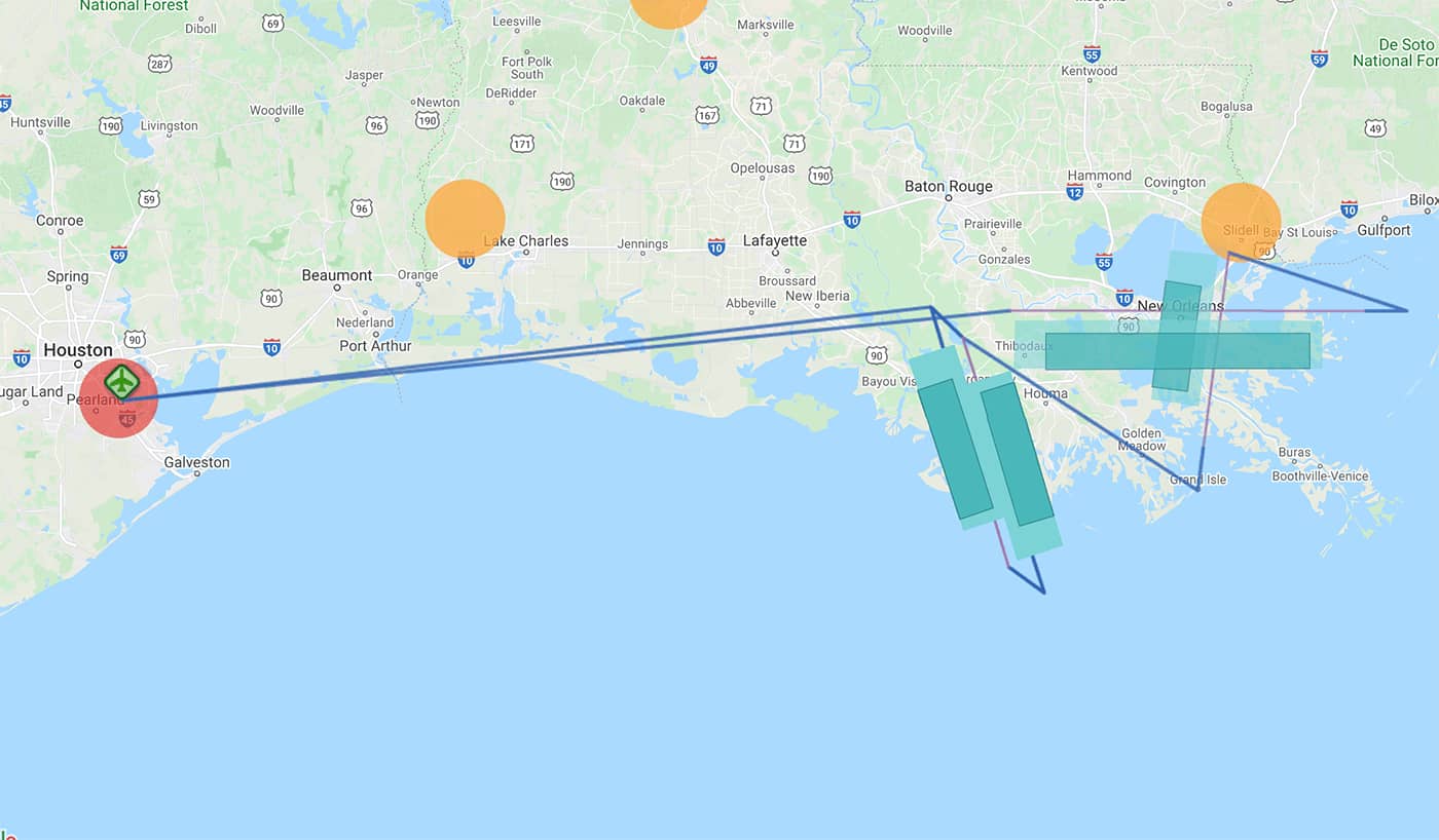 Map showing 6 flight lines over the Terrebonne Basin