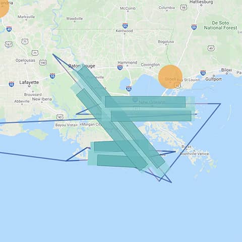 Map showing 6 flight lines over the Terrebonne Basin