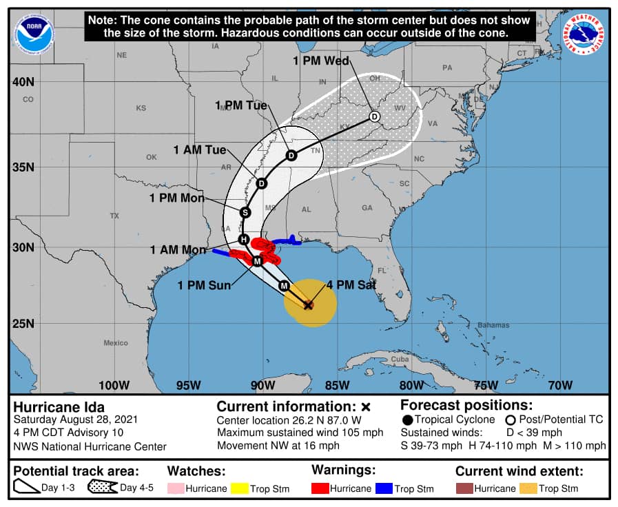 Map of Hurricane Ida’s path from the Gulf Coast through Louisiana and toward the East coast