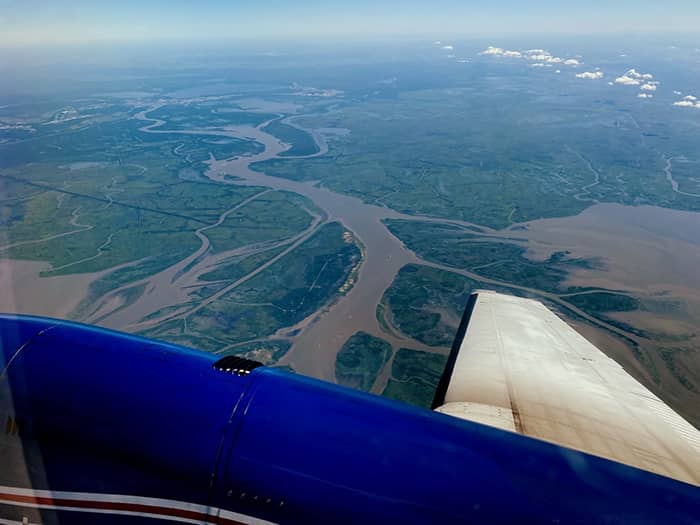 View of the delta, with water channels, from the aircraft