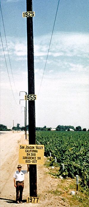 A man stands next to a pole with dates marked at various heights on the pole