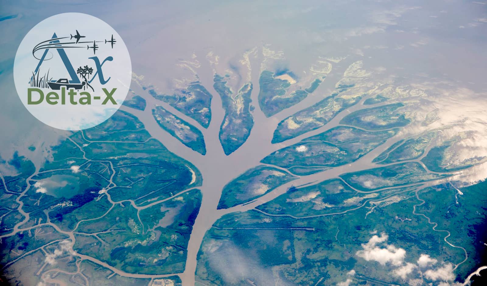 Delta-X logo with triangle, X, boats, aircraft, and vegetation in a white circle overlaid over an airborne photo of the Wax Lake Delta emptying out into the ocean